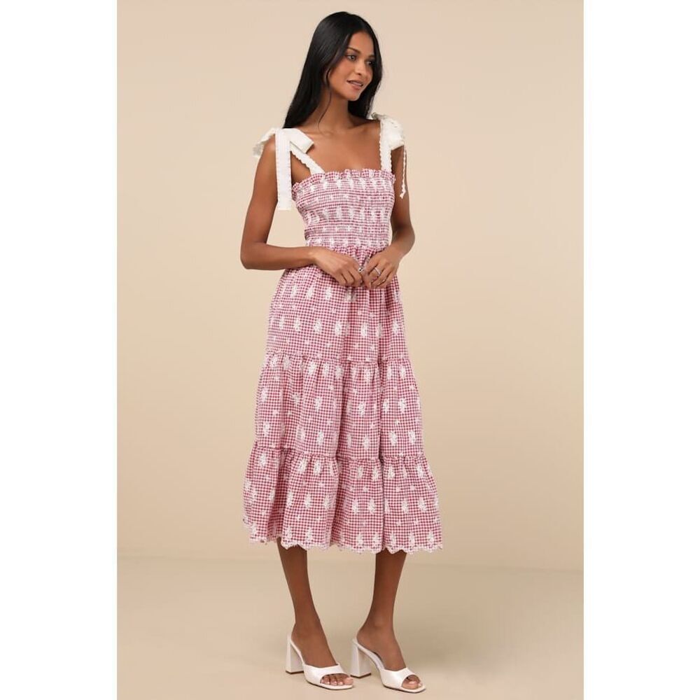 JACQUIE THE LABEL Red Isabella Gingham Embroidered Tiered Midi Dress Size S NWT - Picture 3 of 8